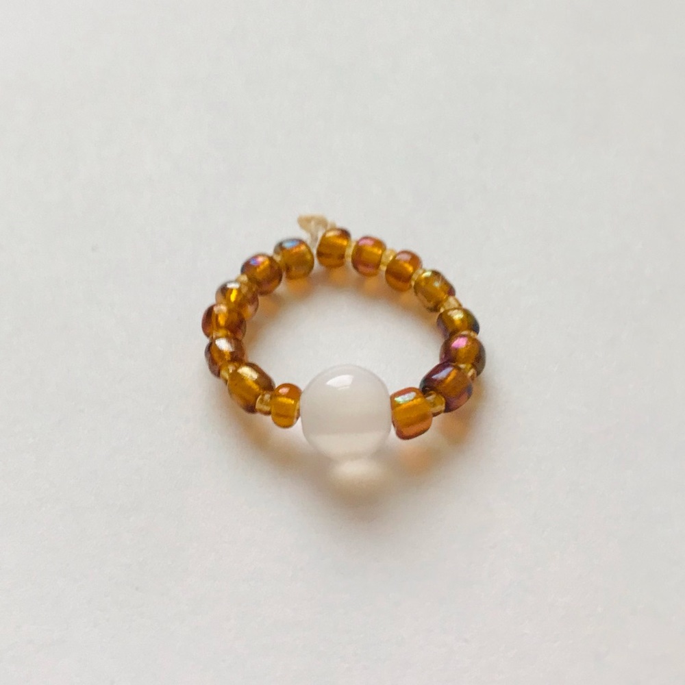 Handmade Beaded Gold and White Gemstone Ring
